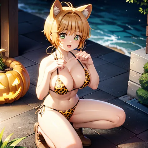 halloween party
A cat girl cosplay wearing a leopard print sexual bikini.
Slender and big boobs. He is squatting with his legs open.
A pose to lift your boobs. It emphasizes cleavage.
A puff with light blue hair. The tide is blushing.