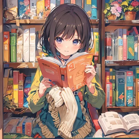 a beautiful girl with dark hair, bob-cut brown eyes, sits in front of a bright bookshelf and reads a book。colorful pop anime