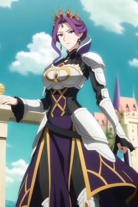 (Day:1.5),a castle with towers and towers on top of a hill with trees and clouds in the background and a blue sky,
Standing at attention,
purple and white outfit,armored dress,shoulder armor, armor,armored boots,
purple_hair, purple_eyes, jewelry, earring...