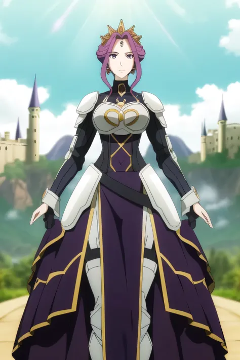 (Day:1.5),a castle with towers and towers on top of a hill with trees and clouds in the background and a blue sky,
Standing at attention,
purple and white outfit,armored dress,shoulder armor, armor,armored boots, 
purple_hair, purple_eyes, jewelry, earring...