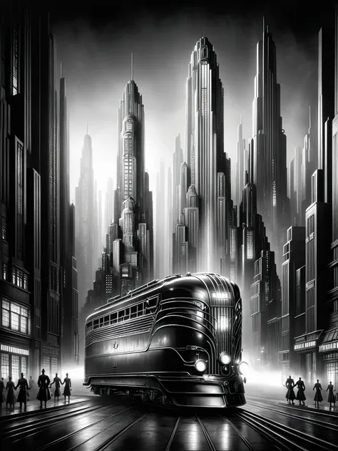 heavy dieselpunk streetcar on the street  ,buildings, ultra-detailed mega-city , sharp, hyper-realistic,  kinematic lighting , b...