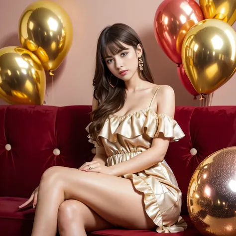 A young beautiful woman wearing an elegant pastel voluminous ruffle dress with gold pattern, sitting luxurious sofa, surrounded by shiny metallic crimson balloons in different shapes, celebrating vibe background, champagne in a spacious, high details...