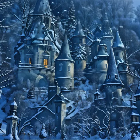 château arafé dans la neige avec un clocher en arrière-plan, , conception de l&#39;environnement du film, high Château fantastique, Le château de Dracula, dark décor de château, Château épique avec de hautes flèches, décor de château,  gros plan , Le châte...