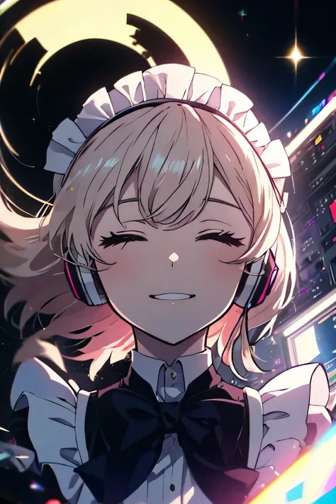 leaving the portal,  maid with a 's headdress smiling and closing her eyes,  floating in space, listening to music with your mp3...