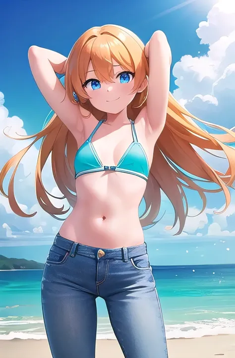 masterpiece,best quality,ultra detail,1girl, 14yo,smile happy,in the beach,sunshine,cloud,semi-long hair, blue eyes, light orange hair,Raise your arms and behind your head,White teeth,cyan bikini,jeans, wind, midriff peek,