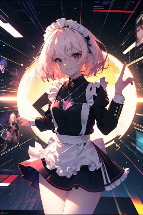  maid lenses with headpiece girl smiling and shooting, 3D holographic glasses , 3D weapon (hologram),Within a shooters genre in a place within the game (all dimensions 8 ), ( with a portal in the sky ),Cosmic Essence ,  the Sun is very radiant and with a s...