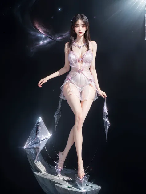 nogizaka_costume ((full body)), hyperrealistic beautiful young woman, ((Full breasts, visible cleavage)), (Exquisite heels), (night scene:1.3), full body shot, ((graceful sitting pose:1.4)), ((crossed legs, relaxed pose)), floating on a ((large hexagonal t...