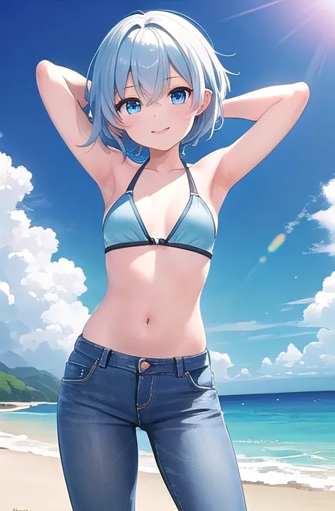 masterpiece,best quality,ultra detail,1girl, 14yo,smile happy,in the beach,sunshine,cloud,short hair, blue eyes, light blue hair,Raise your arms and behind your head,White teeth,bikini,jeans, wind, midriff peek,