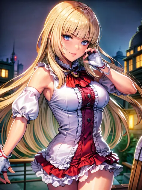  show me her armpits,Sleeveless,Perfect Eyes:1.2, Detailed eyes:1.4, ,  short bang ,  blue eyes , Long Hair, blonde,  knee socks, Lace-up boots,  Pink Ruffle Dress , Ruffled Ascot, fingerless gloves, smile,  Red Eye Shadow :1.2, Compensate:1.2,  cowboy sho...