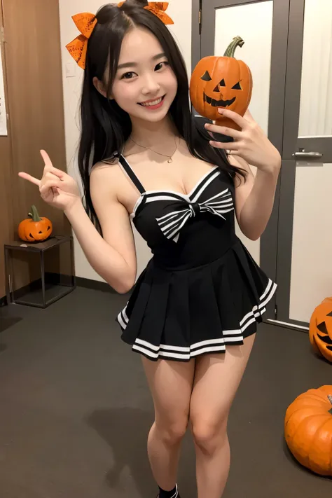 Halloween party with no one else 、 standing in a room with pumpkins、Idol Style、High school girl、 sailor suit、 miniskirt in length、Long black hair、Cute face、 smiling、 full body portrait