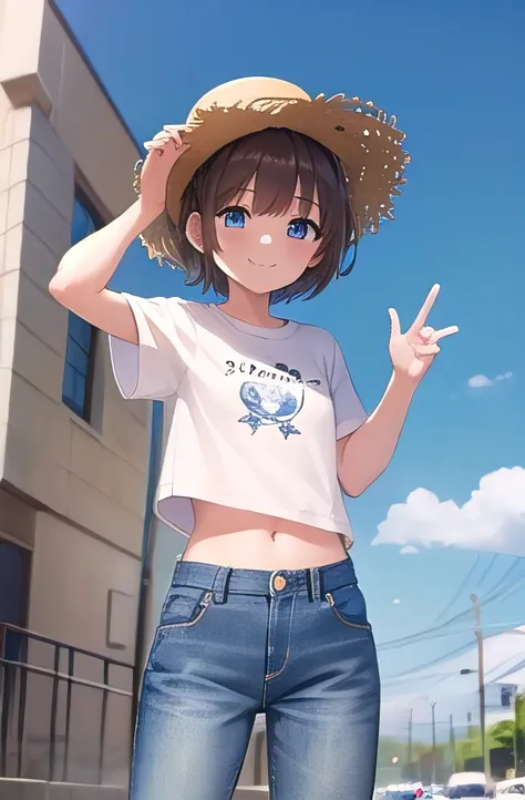 masterpiece,best quality,ultra detail,1girl, 14yo,smile happy,in the city,straw hat,sunshine,cloud,short hair, blue eyes, brown hair,loose shirt,t-shirt,jeans, wind, midriff peek