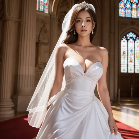 naked,Like the whole body," shape, Strapless bridal dress,small silver tiara,Colossal ,Saggy saggy breasts,  heavy chest are almost exposed ,Bust fully exposed,sheer princess skirt,Church wedding,There are a lot of people behind,  perfect body, (Best Quali...