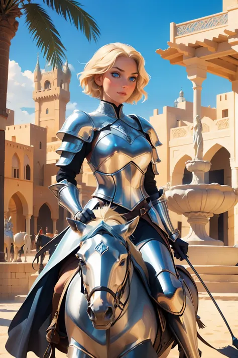 A beautiful and wonderful woman, extremely detailed, short blond hair, wearing extremely detailed Gothic armor, blue eyes in a fountain with statues in a crowded medieval merchant bazaar, in an ancient Arabic city, sand blue sky full of clouds and palm tre...