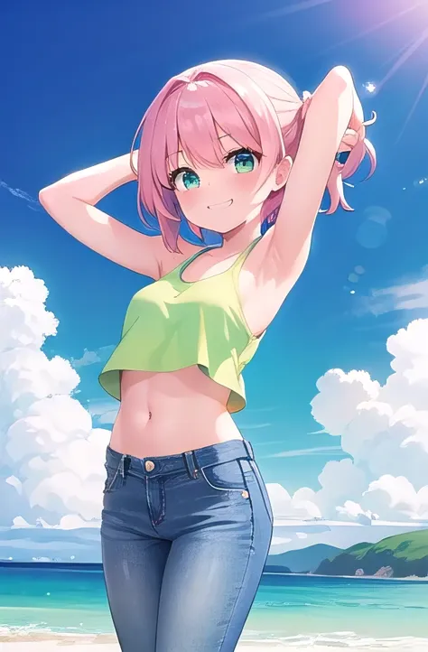 masterpiece,best quality,ultra detail,1girl, 15yo,smile happy,in the beach,sunshine,cloud,pink lob hair, green eyes, pink hair,Raise your arms and behind your head,White teeth,pink tank tops,jeans, wind, midriff peek,