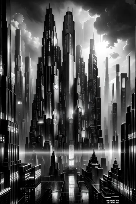 a dystopian cyberpunk city, neon lights, towering skyscrapers, flying cars, hovering platforms, advanced technology, dark and gr...