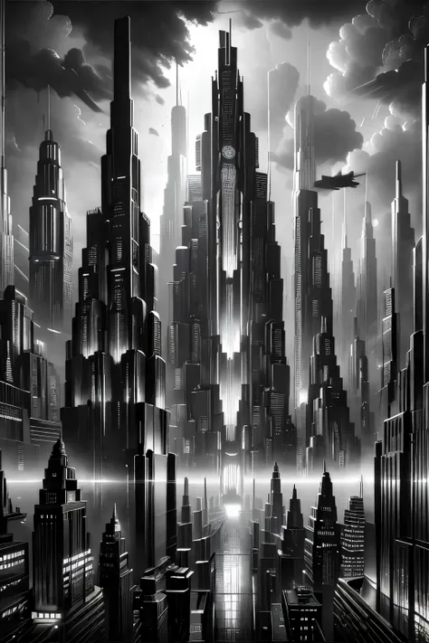 a dystopian cyberpunk city, neon lights, towering skyscrapers, flying cars, hovering platforms, advanced technology, dark and gritty atmosphere, characters with cybernetic enhancements, android figures, industrial machinery, complex architectural structure...