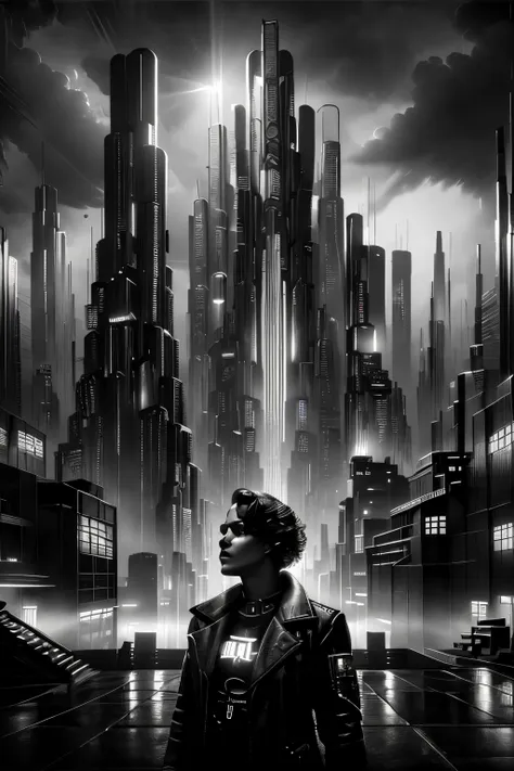 a dystopian cyberpunk cityscape, neon lights, rainy atmosphere, flying cars, towering skyscrapers, dark and gritty, moody lighti...