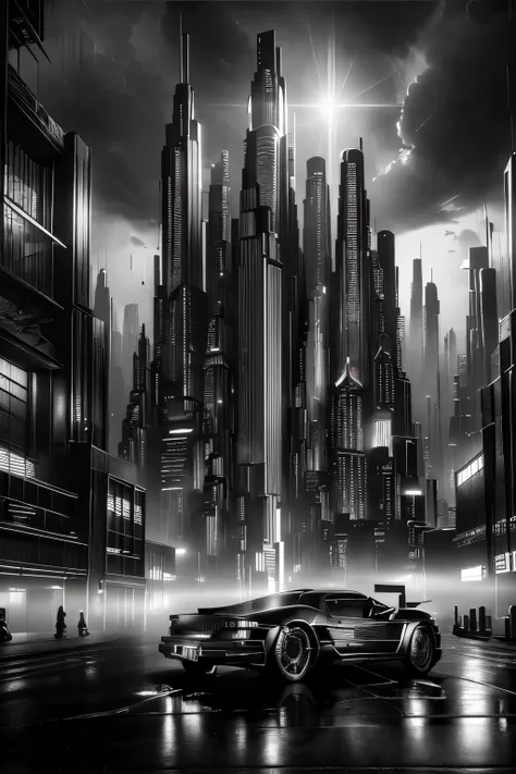 a dystopian cyberpunk cityscape, neon lights, rainy atmosphere, flying cars, towering skyscrapers, dark and gritty, moody lighting, graffiti-covered walls, android people, futuristic technology, lens flare, cinematic composition, muted color palette, drama...