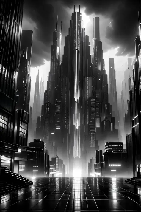 a dystopian cyberpunk city, neon lights, skyscrapers, flying cars, dark and gloomy atmosphere, rainy weather, moody lighting, la...