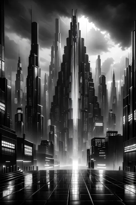 a dystopian cyberpunk city, neon lights, skyscrapers, flying cars, dark and gloomy atmosphere, rainy weather, moody lighting, la...