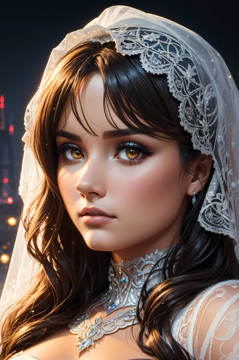 3D portrait Demi Lovato, wearing sexy veil bride transparent costume, against the background of the Eiffel Tower, 9 9 9 9 s, curly hair, intricate, elegant, highly detailed, digital painting, artstation, concept art, smooth, sharp focus, illustration, art ...