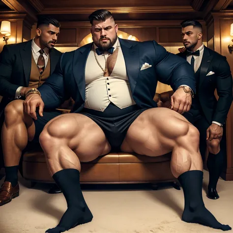 full body full view, photo, a morbidly obese white male dapper mobster, rather handsome, clean perfect undercut preppy haircut, ...