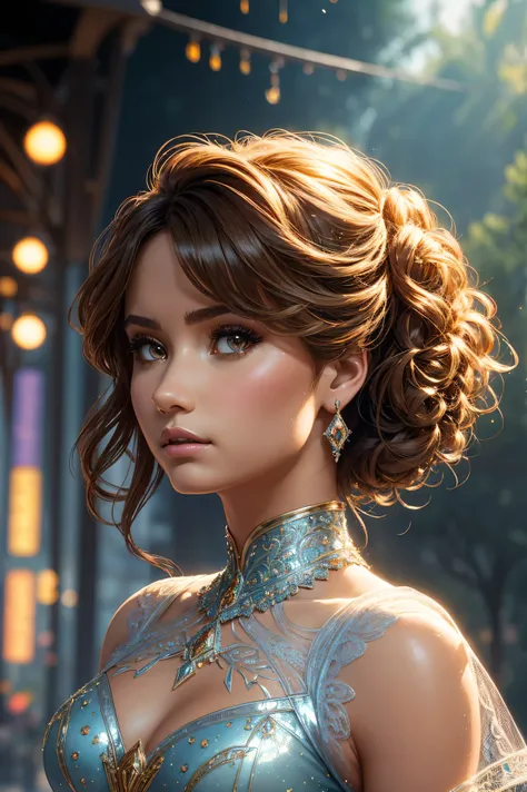 3D portrait Demi Lovato, wearing sexy Cinderella transparent costume, against the background of an amusement park, 9 9 9 9 s, curly hair, intricate, elegant, highly detailed, digital painting, artstation, concept art, smooth, sharp focus, illustration, art...