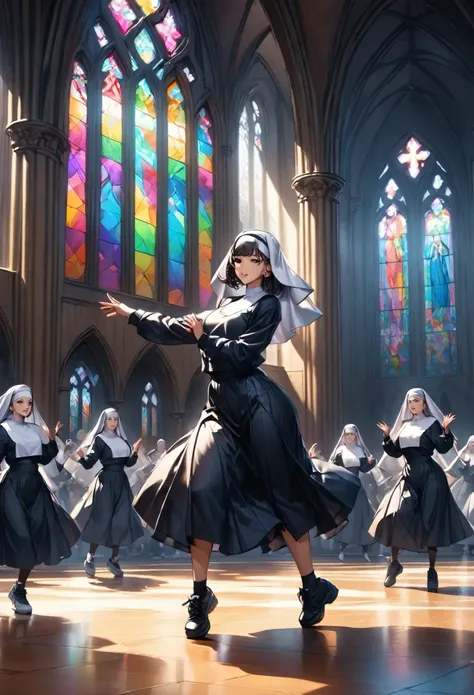 Hip-hop dance scene with nuns in stained glass church