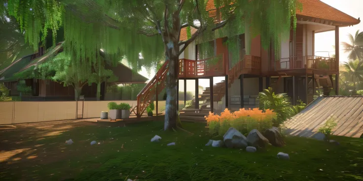 there is a 8k khmer  house in the background with a tree in the foreground, floral jungle treehouse, beachwood treehouse, in a tree house, tree house, in serene forest setting, forest setting, treehouse, flying trees and park items, detail render, with 3 d...