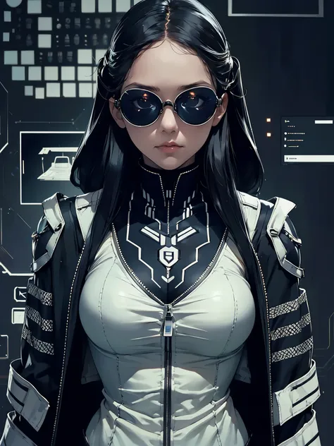 girl, (reinforced cyber eyewear:1.4), sunglasses, ambience lighting, long hair, shoulder guard, intricate design and pattern, (1...