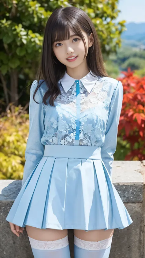  one girl playing pranks、(((Light blue business tight skirt suit)))、2. Businesswoman、Sheer blouse and sheer bra、Super detailed、masterpiece、Best Quality、 ultra high resolution、8k high resolution、 photogenic clarity 、Detailed eyes、[ gradation、Spring outdoors...