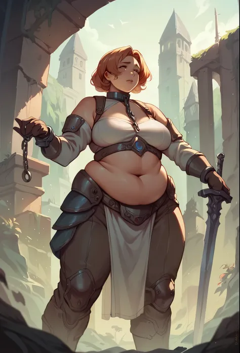 Different world,Science Fantasy,Sword and Magic,Chubby,Cute Mature Woman,slave merchant,slave,The hero&#39;s enemy,war,Fight,battlefield,masterpiece,high resolution, big potbelly, full body shown, the only clothes is tight robe