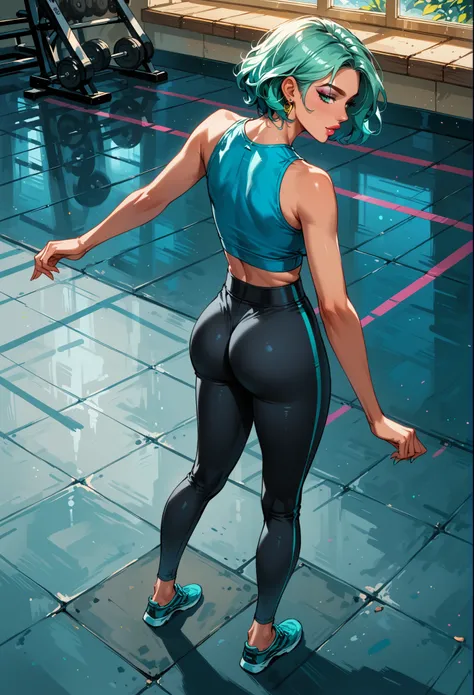 score_9, score_8_above, score_7_above, Assessment_ questionable , Fantasy, Lighting, epiCPhoto 1garota, very sexy blue-green short hair Gwen Stacy, linda waifu, yoga pants, yoga pants , standing in the gym, long legs, tennis, round ass, thick, (legs cross...