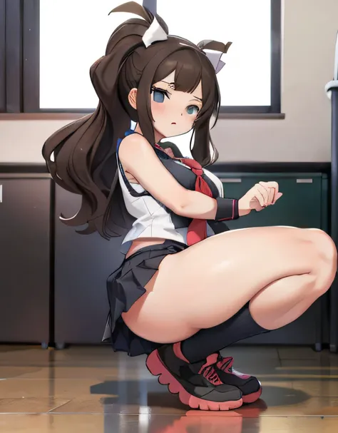 Anime girl in sleeveless school uniform at classroom, thick thighs, full body, visible thighs, squatting, black panties, raised skirt revealing black underwear, fully exposed buttocks
