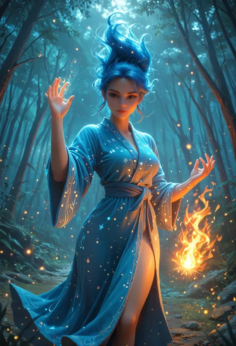 hkmagic, young woman, mature, curvy,  bright blue hair ,  linen robe ,  depicts flames on it , raised hands,  draws a circle of ...