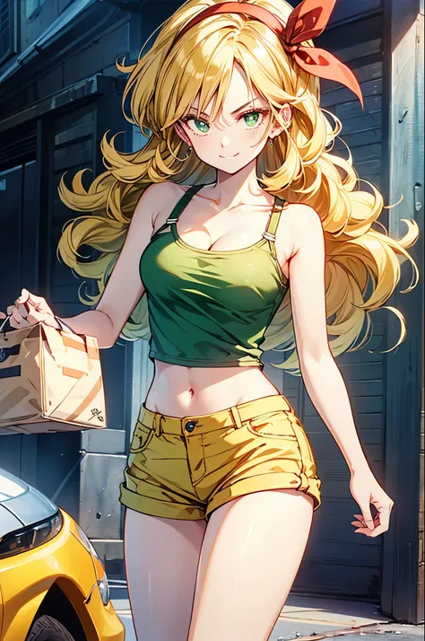 cowboy shot,launch (blonde hair), blonde hair, long hair, ribbon, hair ribbon, smile, green eyes, curly hair, hairband, cleavage...