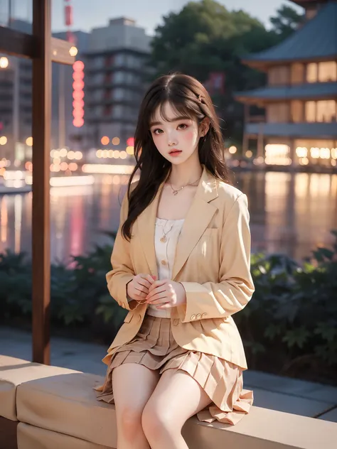 nogizaka_costume, (((Full body))), ((elegant seated posture:1.4)), (natural and relaxed pose:1.2), slightly bent knees, sitting with legs extended gracefully, showcasing gentle curves and refined elegance. ((Pleated skirt with a very short hemline)), accen...