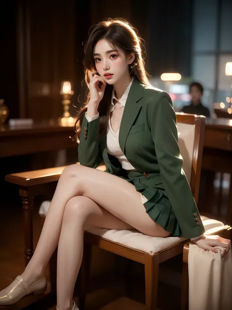 school uniform, green blazer, red skirt, thighhighs (((Full body))), ((elegant seated posture:1.4)), (natural and relaxed pose:1.2), slightly bent knees, sitting with legs extended gracefully, showcasing gentle curves and refined elegance. ((Pleated skirt ...