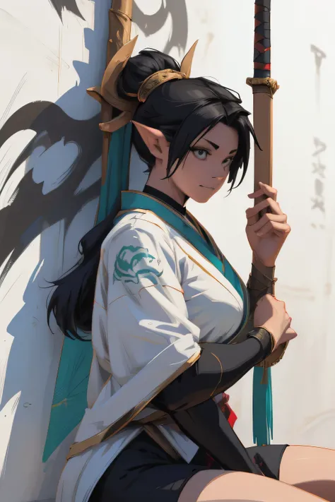 anime girl sitting on a platform with a sword and a dragon drawn on the wall, onmyoji detailed art, onmyoji, painted as a game concept art, emotional concept art, artgerm and atey ghailan, artwork in the style of guweiz, akali, akali from league of legends...