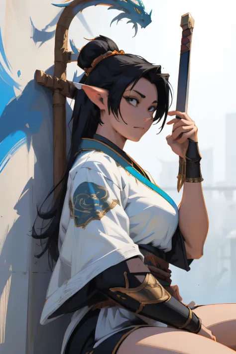 anime girl sitting on a platform with a sword and a dragon drawn on the wall, onmyoji detailed art, onmyoji, painted as a game concept art, emotional concept art, artgerm and atey ghailan, artwork in the style of guweiz, akali, akali from league of legends...