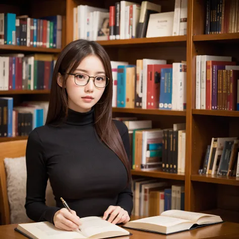  Surreal , photo shoot, Long Red Hair,  girl, 24 years old,   Hourglass Figure  ,  PERFECT BODY ,  big chest,  Sexy Looks,  Highly Detailed Art Gum ,  Art Germs style , for the camera, Lens 35mm, Blurred Background, At the library, librarian, Her hair tied...