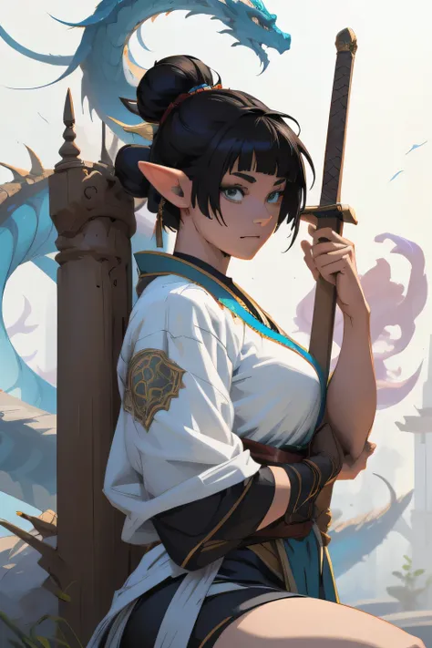 anime girl sitting on a platform with a sword and a dragon drawn on the wall, onmyoji detailed art, onmyoji, painted as a game concept art, emotional concept art, artgerm and atey ghailan, artwork in the style of guweiz, akali, akali from league of legends...