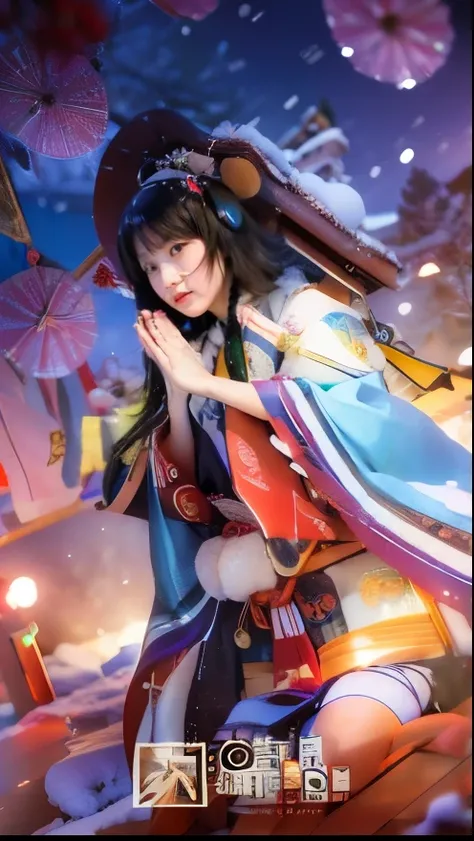 A Japanese shrine nestled in a snowy landscape, early morning on new year's day, ((Beautiful Japanese girl wearing furisode for New Year celebration, Floral, fur part)), alone, (realistic:1.4), masterpiece, highest quality, 8K, ultra high resolution, c...