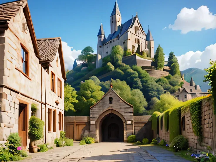 (Best Quality,4K, high resolution,masterpiece:1.2),Super detailed,Realistic:1.37, Medieval Sci-fi Fusion  ,  Deserted Medieval Villages 、Villager、  Peaceful Scenery ,  illustration style,  bright color,  soft writing,   Crumbling Stone Buildings  , Overgro...