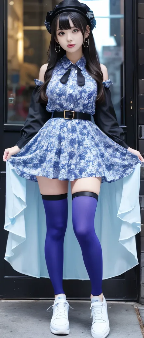 pop halloween idol girl、whole body、　good style、、、、、、、、、、thick legs、、ghost print shirt 、fluorescent blue tight dress、、ghost belt ...