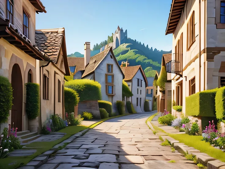 (Best Quality,4K, high resolution,masterpiece:1.2),Super detailed,Realistic:1.37, Medieval Sci-fi Fusion  , Medieval village、A few villagers、  Peaceful Scenery ,  illustration style,  bright color,  soft writing,   Crumbling Stone Buildings  , overgrown gr...