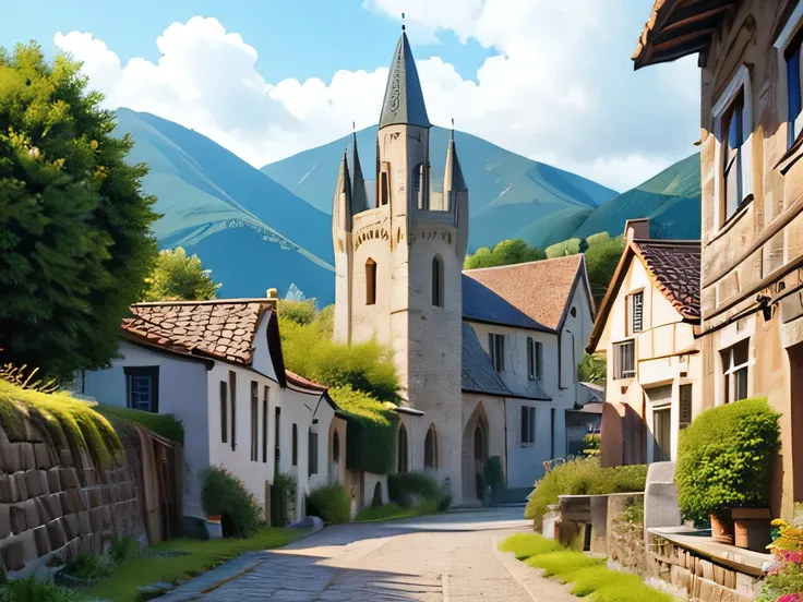 (Best Quality,4K, high resolution,masterpiece:1.2),Super detailed,Realistic:1.37, Medieval Sci-fi Fusion  ,The bustling peaceful landscape of the city ,  illustration style,  bright color,  soft writing,   Crumbling Stone Buildings  , overgrown green ,   s...