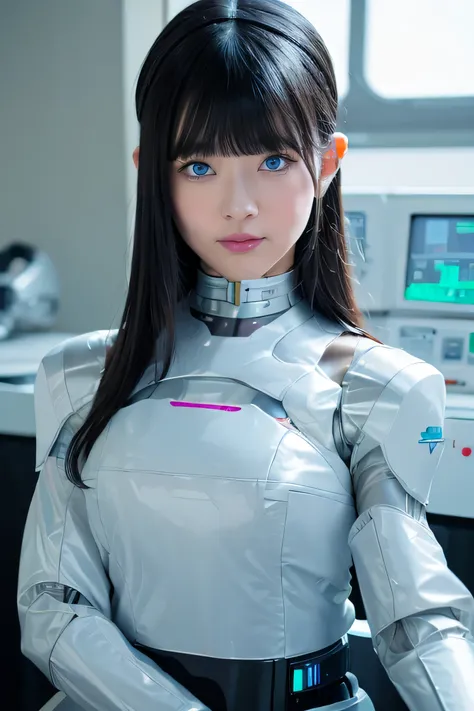 masterpiece, best quality, japaese cyborg girl,plump , announcer,control panels,android,droid,mechanical hand, ,clothes with a s...