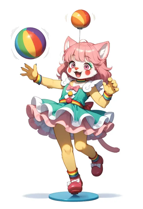 score_9, score_8_up, score_7_up, score_6_up, score_5_up, score_4_up, source_cartoon, best quality, amazing quality, very aesthetic, absurdres, 1girl, (furry, kemono:1.2), cat, cat girl, circus, clown, white background, simple background, ball, alone, pink ...