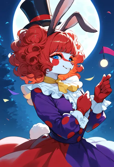 score_9, score_8_up, score_7_up, score_6_up, score_5_up, score_4_up, source_cartoon, best quality, amazing quality, very aesthetic, absurdres, 1girl, (furry, kemono:1.3), rabbit, rabbit girl, rabbit ears, clown, hat, gloves, neck ruff, top hat, facepaint, ...